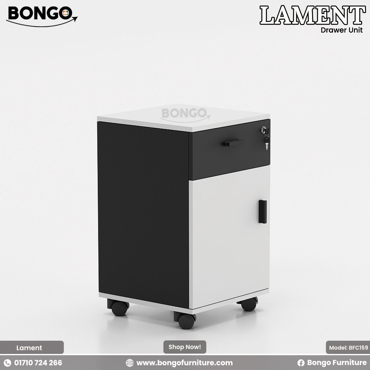 Black and white drawer unit with 'Bongo' branding on a light gray background