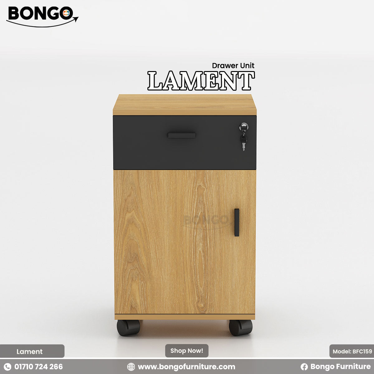 Water Resistant Strong Laminated Board drawer unit with black top on a white background, featuring the Bongo Furniture logo.