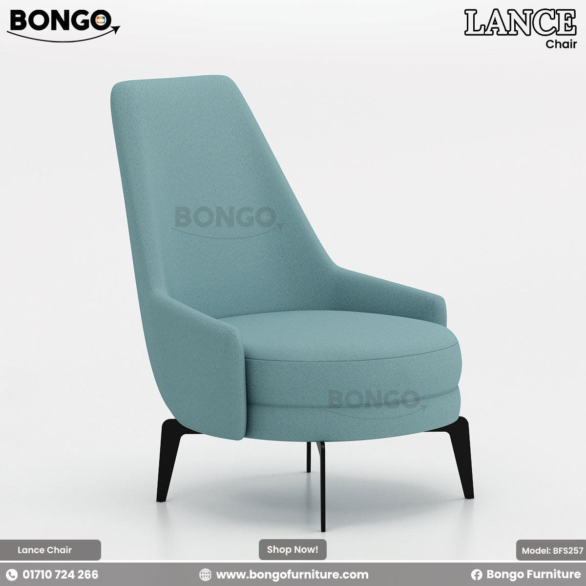 A promotional image of the 'LANCE Chair' from BONGO. This is a modern high-backed armchair upholstered in a dusty blue fabric. The chair's backrest tapers upwards and flows into curved, sheltering arms. It is supported by a black four-legged swivel base and has a thick round seat cushion.