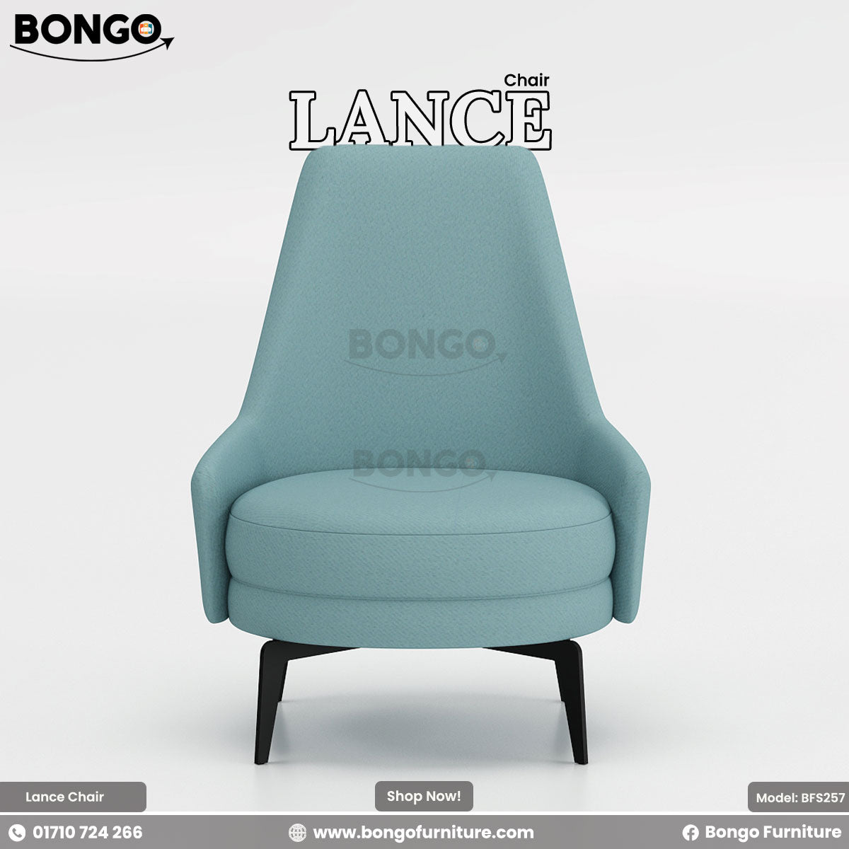 A promotional image of the 'LANCE Chair' from BONGO. This is a modern high-backed armchair upholstered in a dusty blue fabric. The chair's backrest tapers upwards and flows into curved, sheltering arms. It is supported by a black four-legged swivel base and has a thick round seat cushion.
