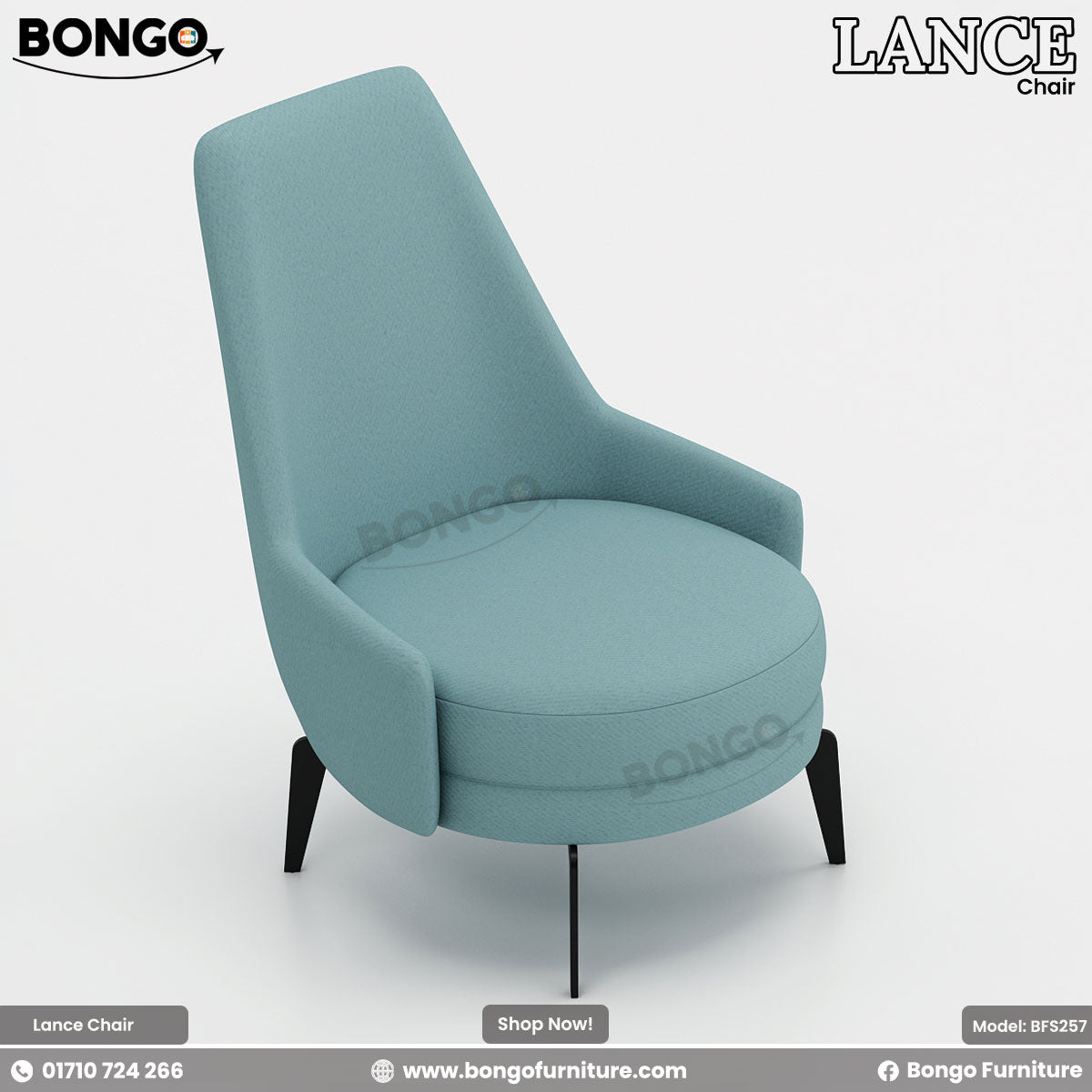 A blue Lance Chair with heavy duty mild steel legs and high-quality fabric upholstery.