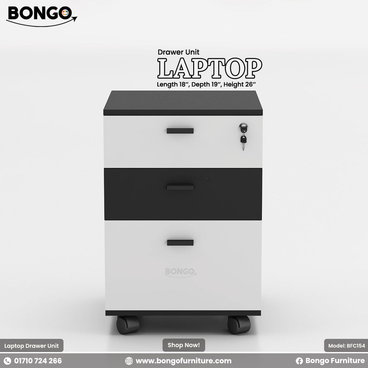 Laptop Drawer Unit - Dimension 18" L x 19" D x 26" H - 16mm Water Resistant Strong laminated board - Three Per drawer channels - Central lock. Color is Black and White. Shop Now!