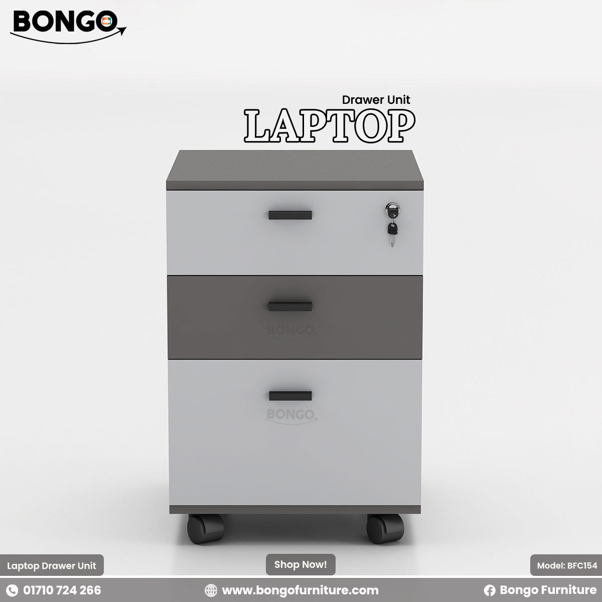 Laptop Drawer Unit - Dimension 18" L x 19" D x 26" H - 16mm Water Resistant Strong laminated board - Three Per drawer channels - Central lock. Color is White and Gray. Shop Now!