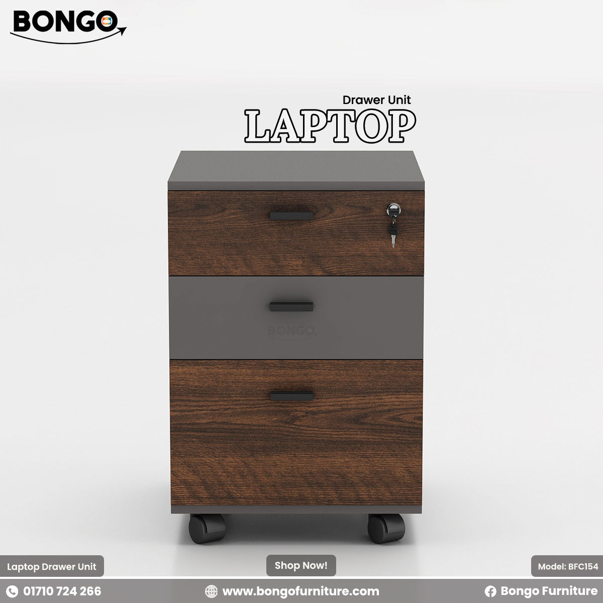 Laptop Drawer Unit - Dimension 18" L x 19" D x 26" H - 16mm Water Resistant Strong laminated board - Three Per drawer channels - Central lock. Color is Antique and Graphite. Shop Now!