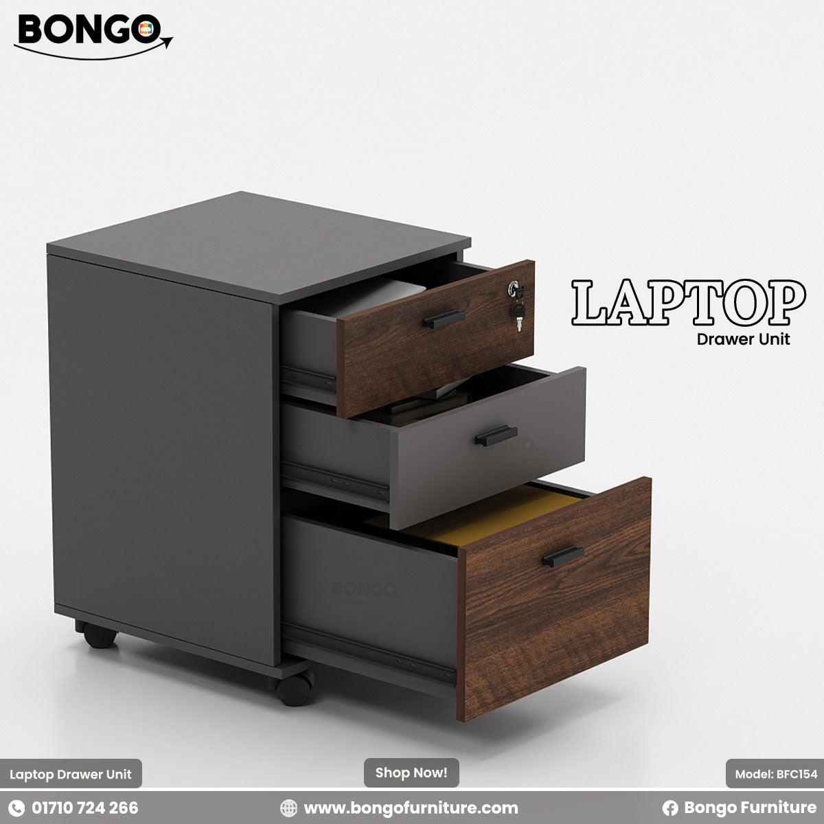 Gray and Water Resistant Strong Laminated Board drawer unit with open drawers on a white background, featuring Bongo Furniture branding.