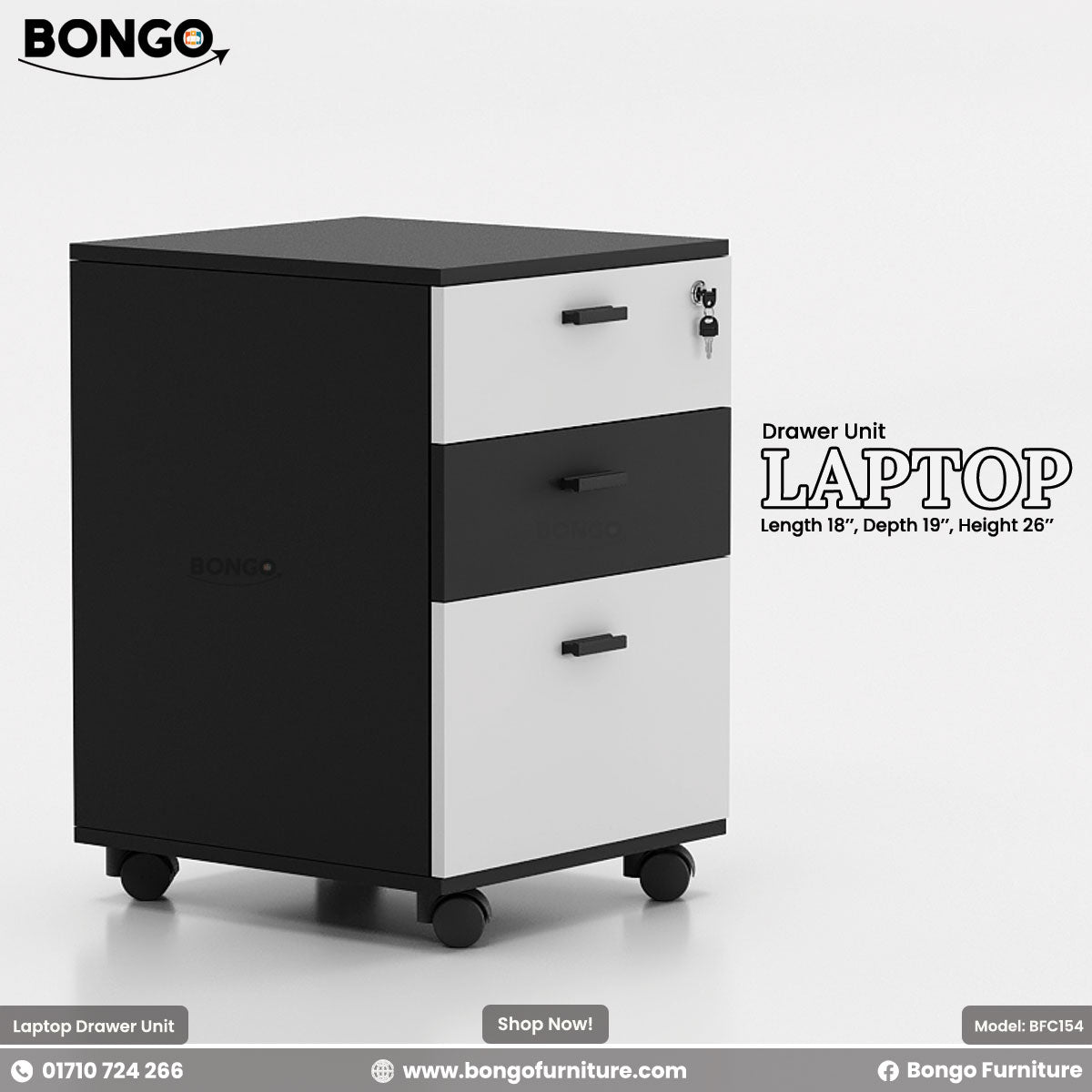 Laptop Drawer Unit - Dimension 18" L x 19" D x 26" H - 16mm Water Resistant Strong laminated board - Three Per drawer channels - Central lock. Color is Black and White. Shop Now!