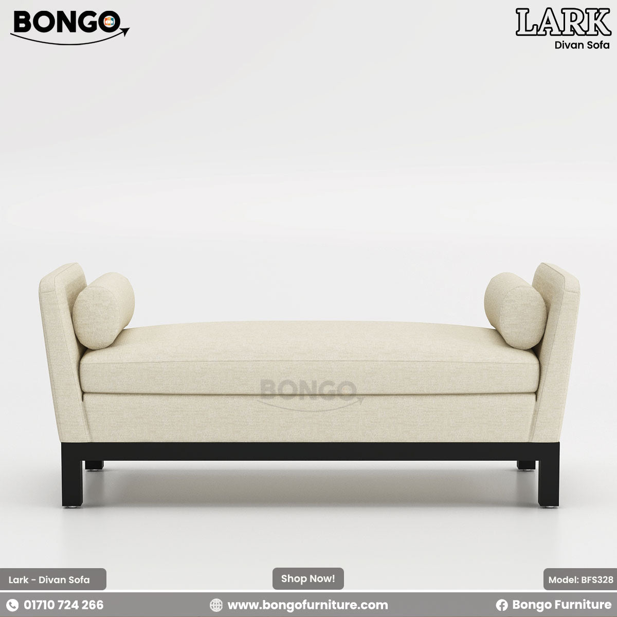 A promotional image of the 'LARK Divan Sofa', a modern, backless settee. The piece is upholstered in a cream-colored fabric and features high, flared arms with matching cylindrical bolster pillows. It is supported by a simple, recessed black frame and legs.