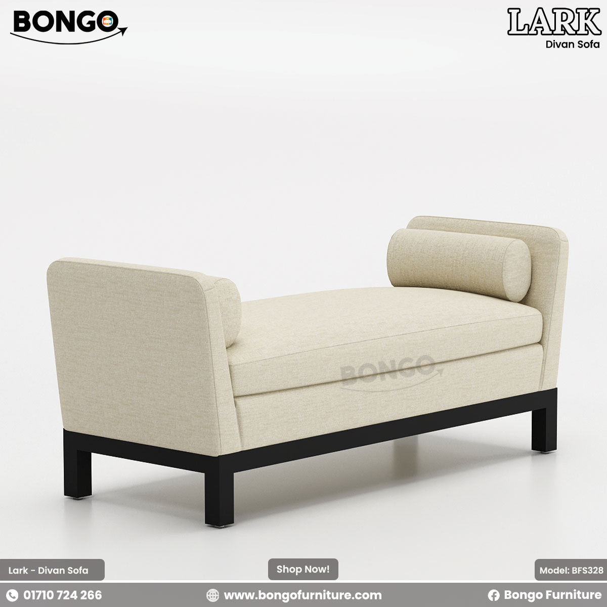 A promotional image of the 'LARK Divan Sofa', a modern, backless settee. The piece is upholstered in a cream-colored fabric and features high, flared arms with matching cylindrical bolster pillows. It is supported by a simple, recessed black frame and legs.