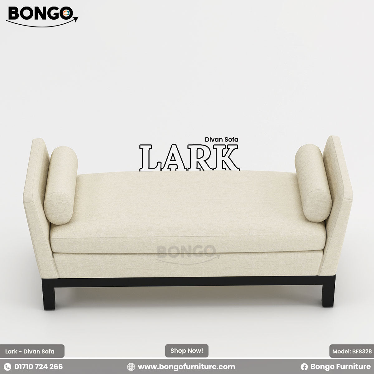 A promotional image of the 'LARK Divan Sofa', a modern, backless settee. The piece is upholstered in a cream-colored fabric and features high, flared arms with matching cylindrical bolster pillows. It is supported by a simple, recessed black frame and legs.