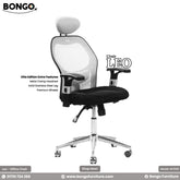 An office chair with a mesh backrest and fabric seat, featuring an adjustable headrest and armrests, set against a white background with the BONGO brand logo.
