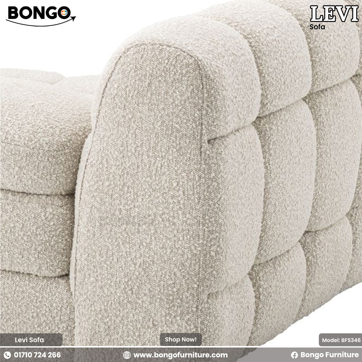 A beige Levi sofa with a compact design, featuring premium foam and black wooden legs, displayed against a white background.