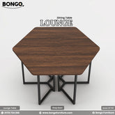 Hexagonal Water Resistant Strong Laminated Board dining table with black metal legs on a white background, featuring Bongo Furniture branding.