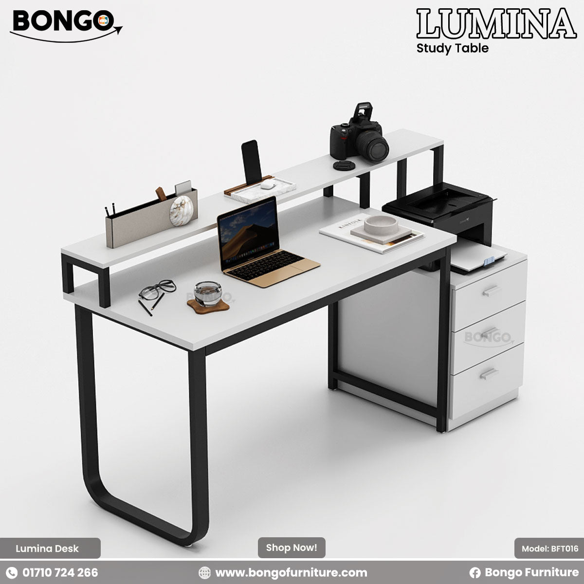 White study table with black legs on a white background, featuring Bongo Furniture branding.
