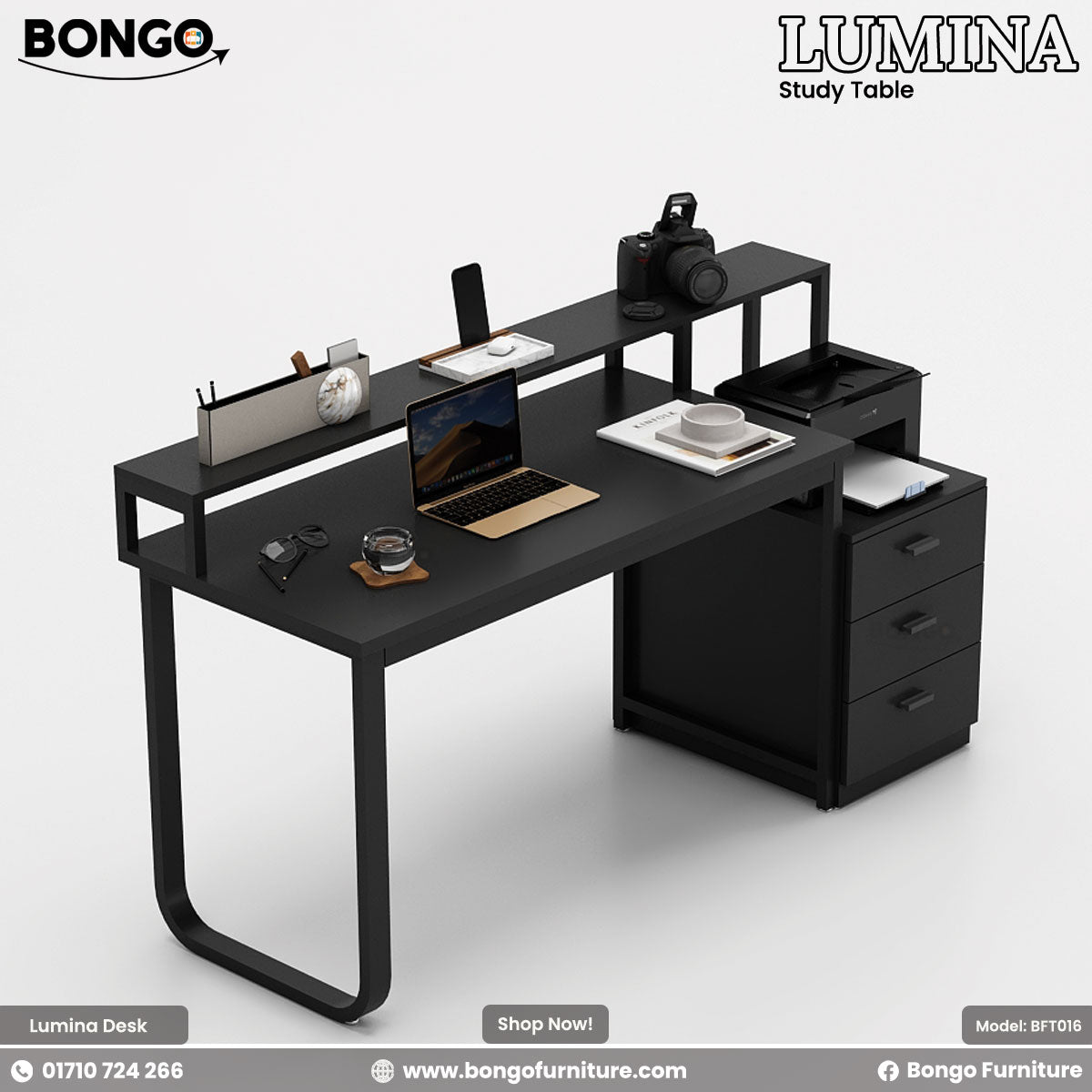 Black study table with various items on a white background, featuring Bongo Furniture branding.