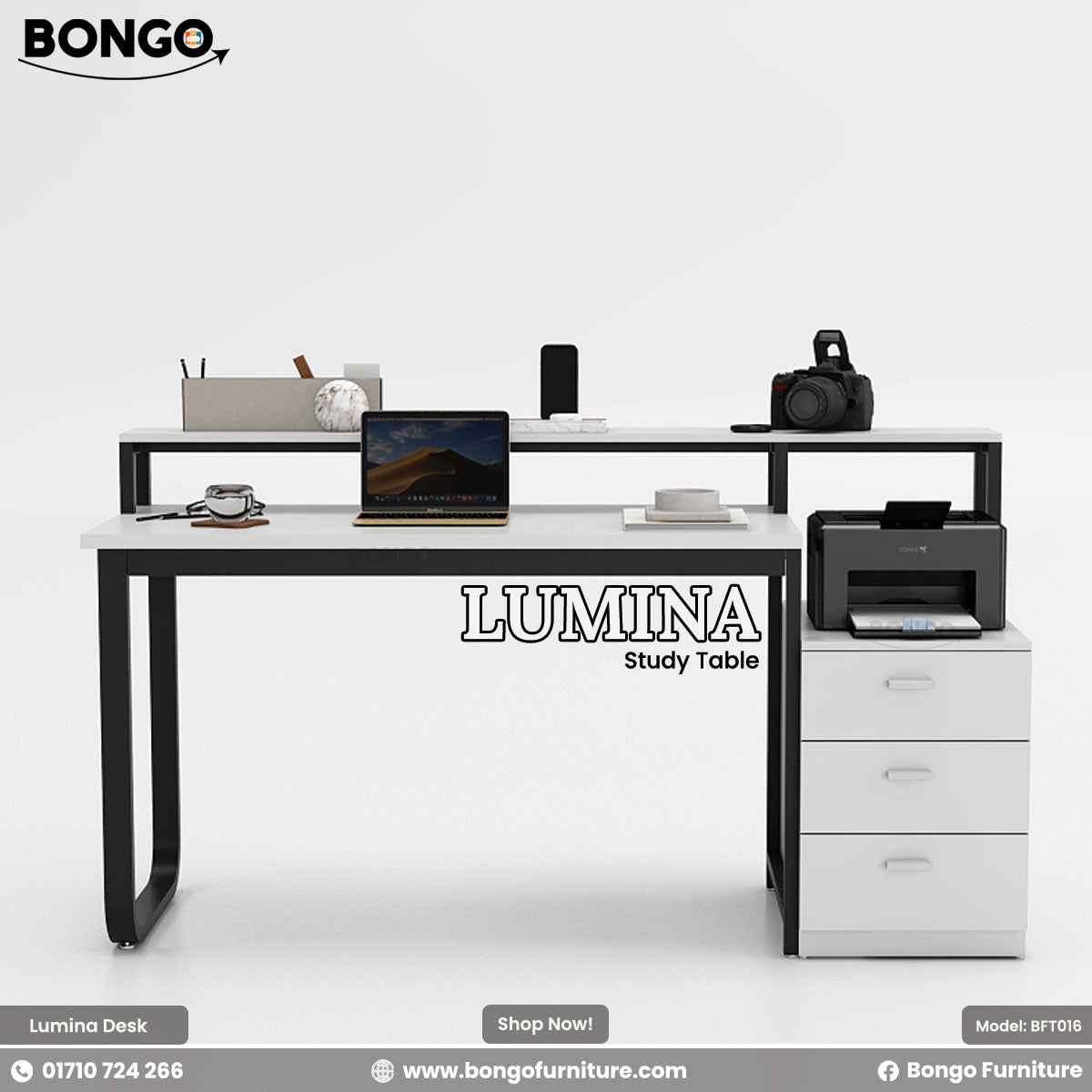 Lumina study table with office items on a white background, featuring Bongo Furniture branding.