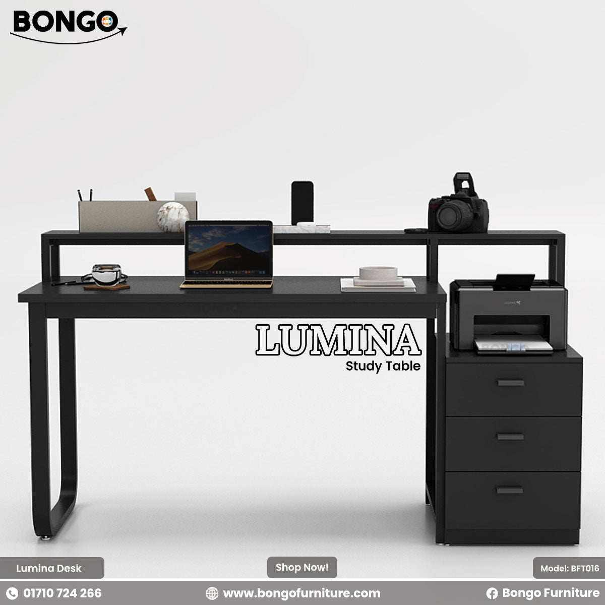 Black study table with various items on a white background, featuring the brand 'Bongo'.