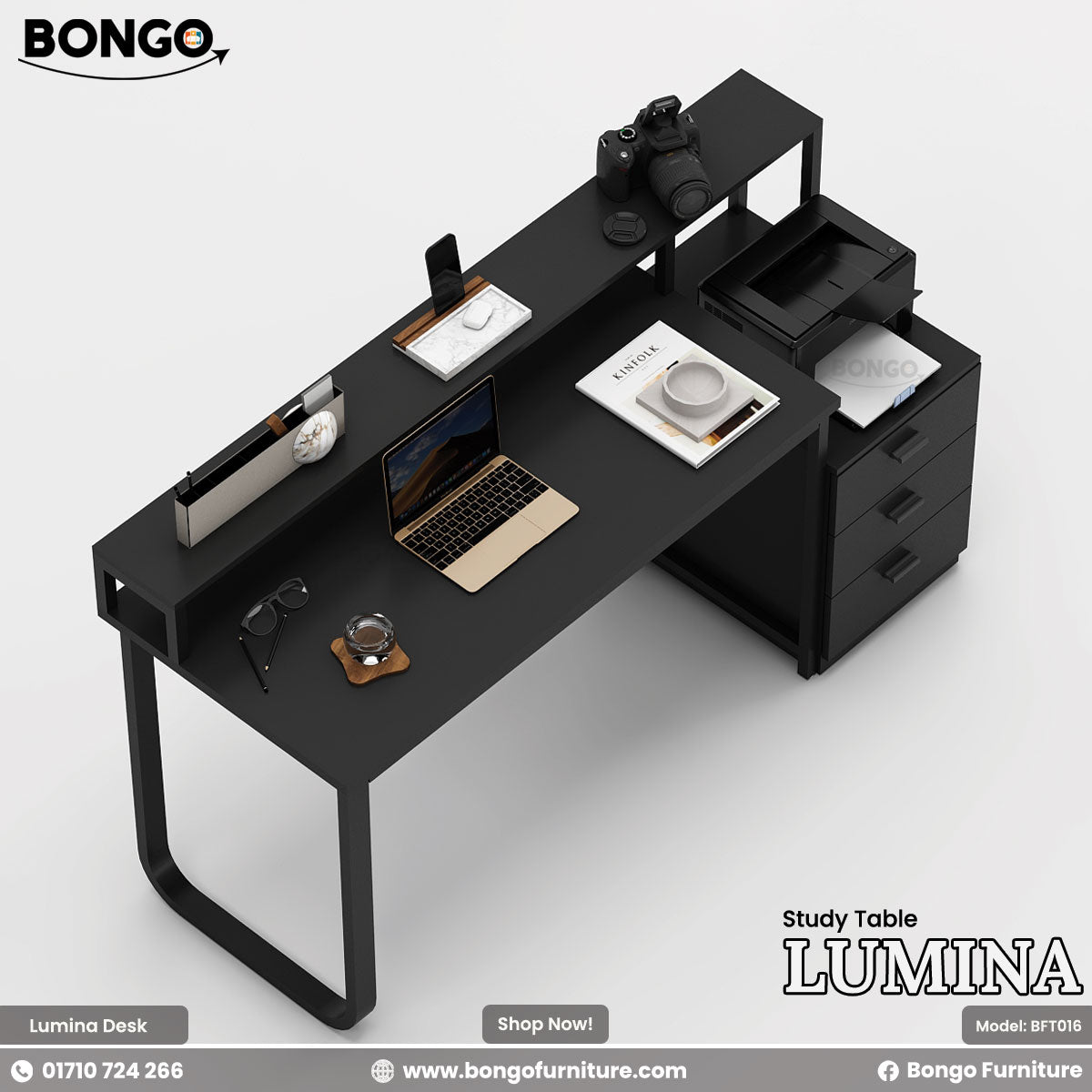 Black study table with office items on a white background, featuring the Bongo Furniture brand.
