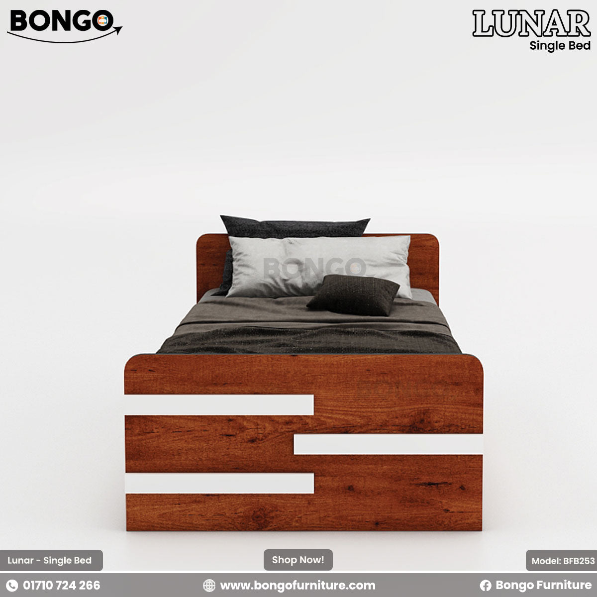 A single bed with brown Water Resistant Strong Laminated Board frame and white bedding, displayed in a room setting with a picture on the wall.