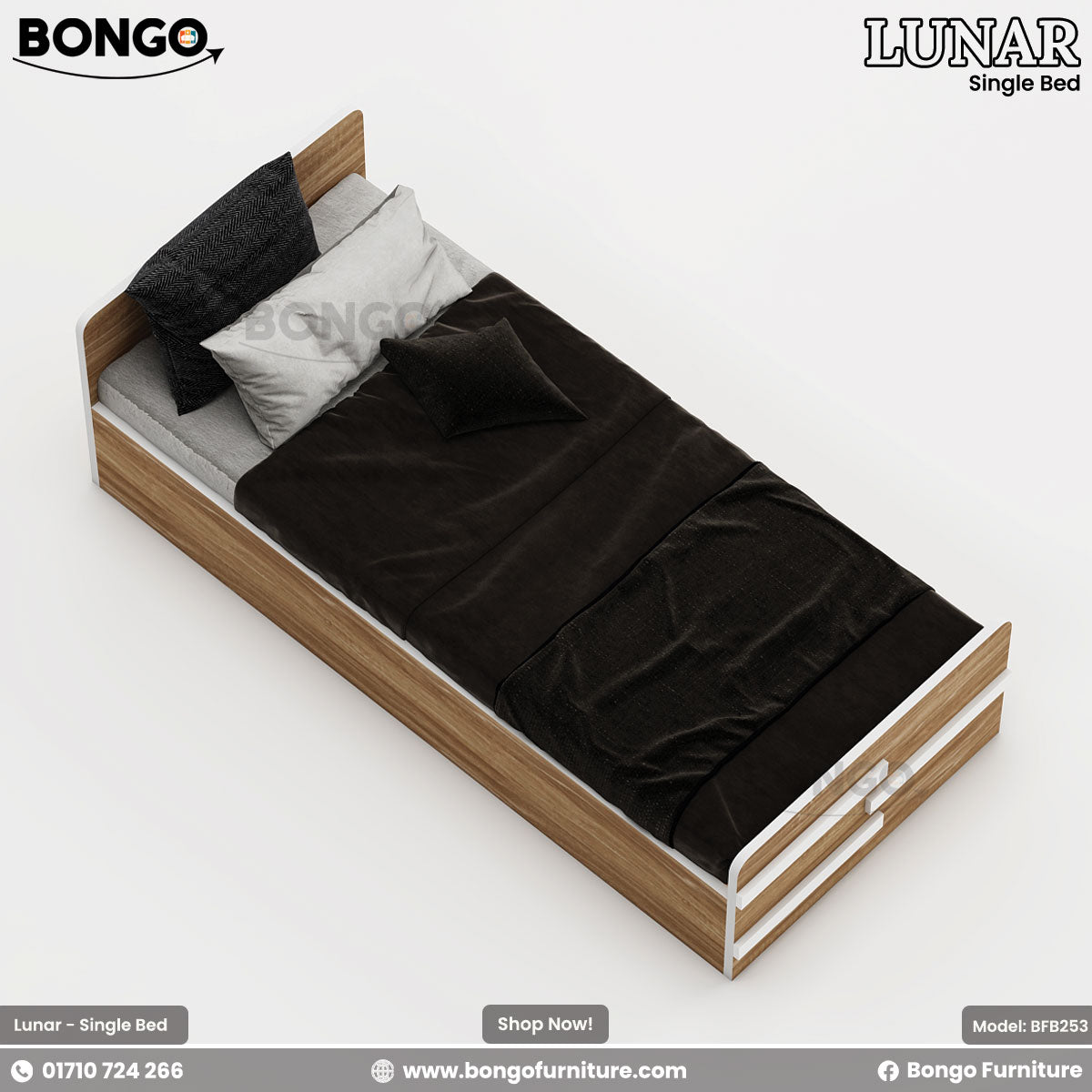 A single bed with brown Water Resistant Strong Laminated Board headboard and footboard, featuring a white mattress and bedding, placed against a wall with a decorative poster.