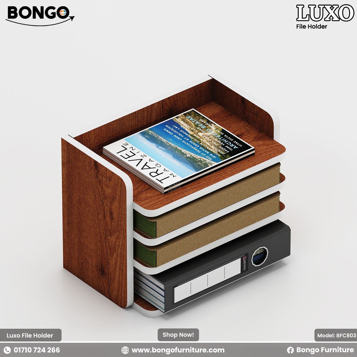 Water Resistant Strong Laminated Board file holder with books and a magazine on a white background, featuring Bongo Furniture branding.