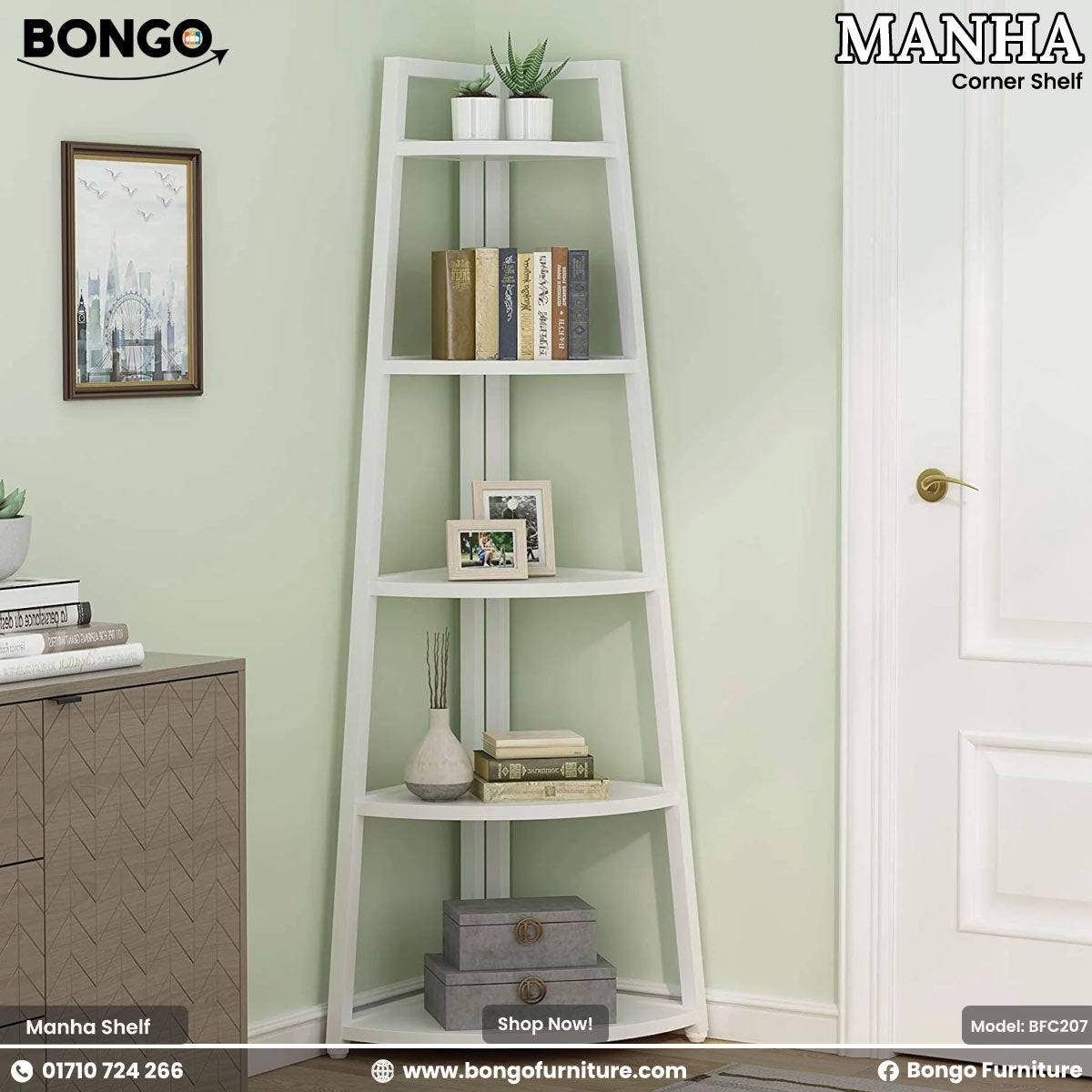 White corner shelf with books, plants, and decor against a light green wall.