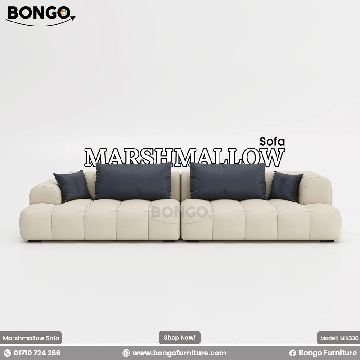 A promotional image of the 'Sofa MARSHMALLOW,' a large, low-profile modern sofa. The sofa is upholstered in a cream-colored boucle fabric and features a distinctive design of puffy, quilted square sections along its base and arms. It is shown accessorized with numerous contrasting dark gray throw pillows.
