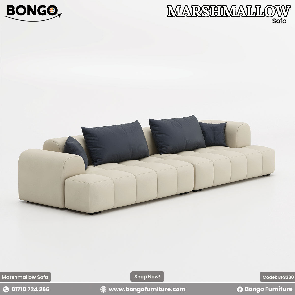 A modern, low-profile modular sofa upholstered in a cream-colored fabric with a distinctive grid of puffy, square tufting. The sofa consists of two large sections placed together and is accessorized with six contrasting dark gray pillows.