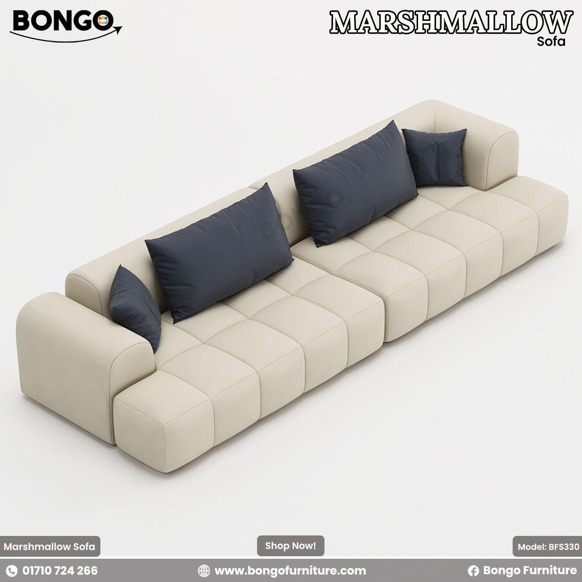 A promotional image of the 'Sofa MARSHMALLOW,' a large, low-profile modern sofa. The sofa is upholstered in a cream-colored boucle fabric and features a distinctive design of puffy, quilted square sections along its base and arms. It is shown accessorized with numerous contrasting dark gray throw pillows.