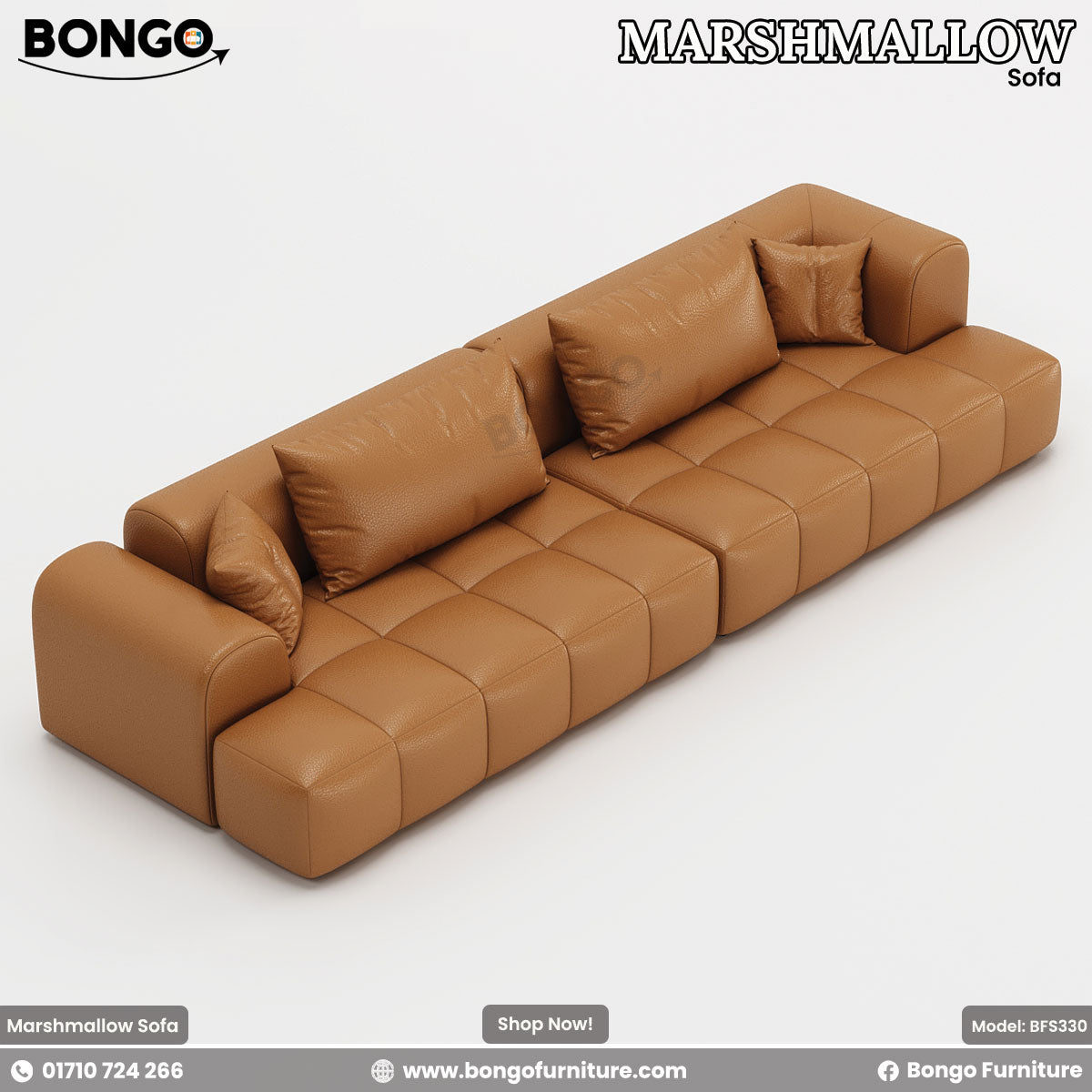 A high-angle view of a large, modern modular sofa upholstered in a smooth tan leather. The sofa is constructed from four sections, and its seats are designed with a grid pattern of puffy, square tufts. The low-profile design includes low, rounded arms and is accessorized with several matching leather pillows.