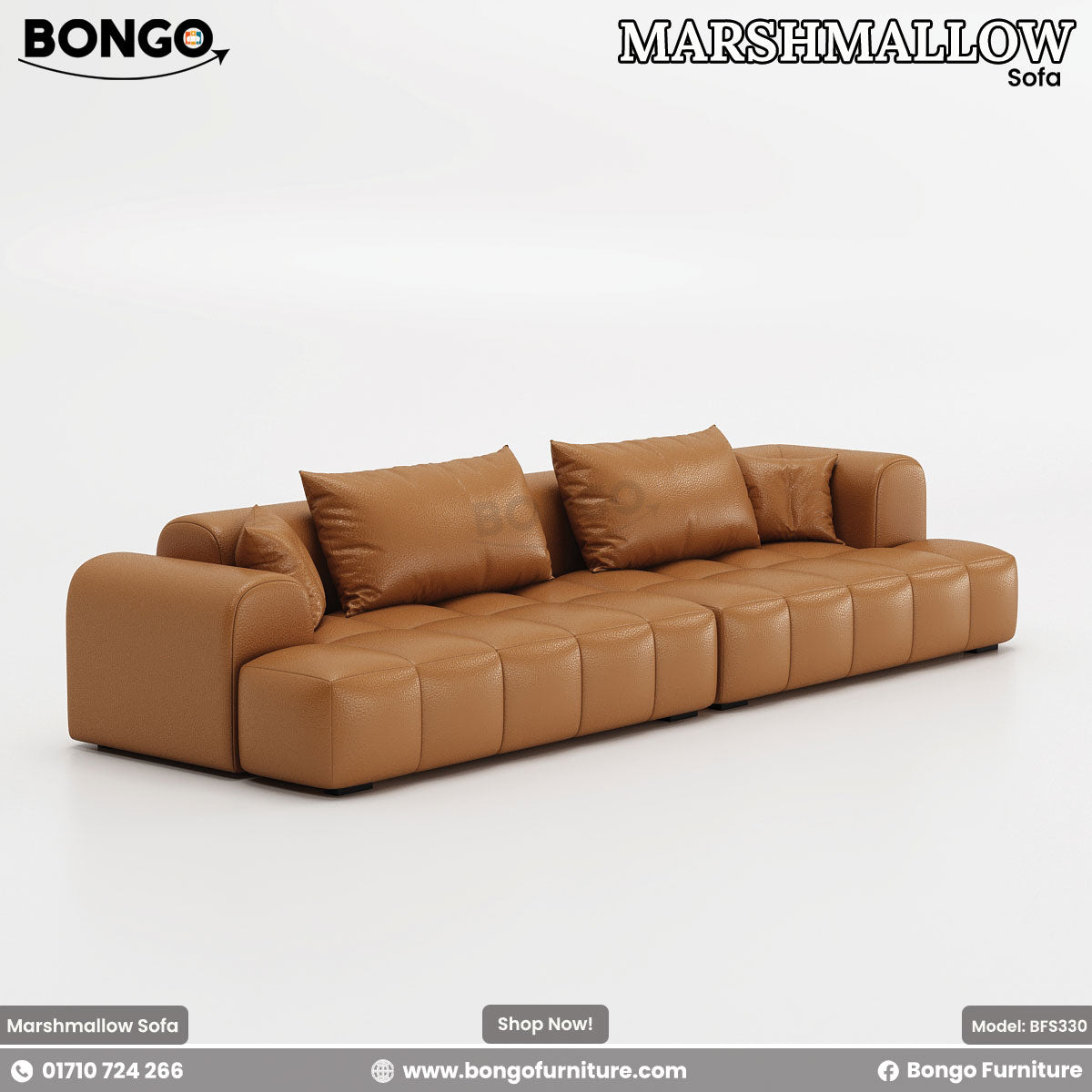 A modern, low-profile modular sofa upholstered in a tan leather, featuring a distinctive grid of puffy, square tufting. The sofa consists of two large sections placed together and is accessorized with four matching leather pillows of various sizes.