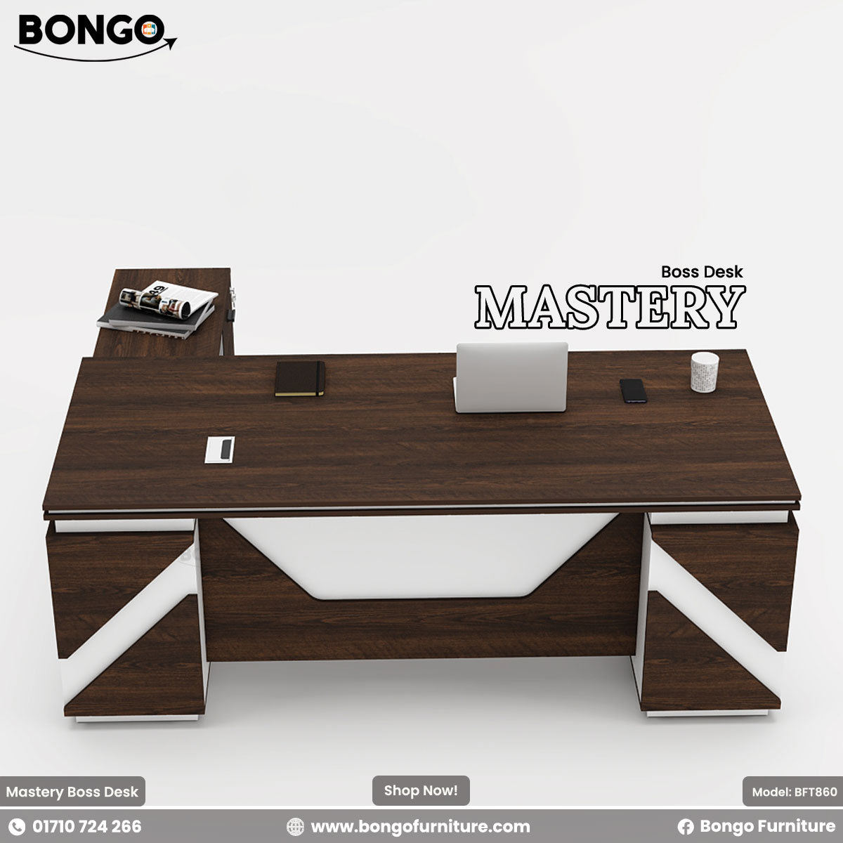 Mastery Boss Table (82"x36"x30") - 48mm laminated double board Top - 3 Per Channel drawers, 2 locks, cable hole. Includes Side cabinets. Color is Antique and White. Shop Now!