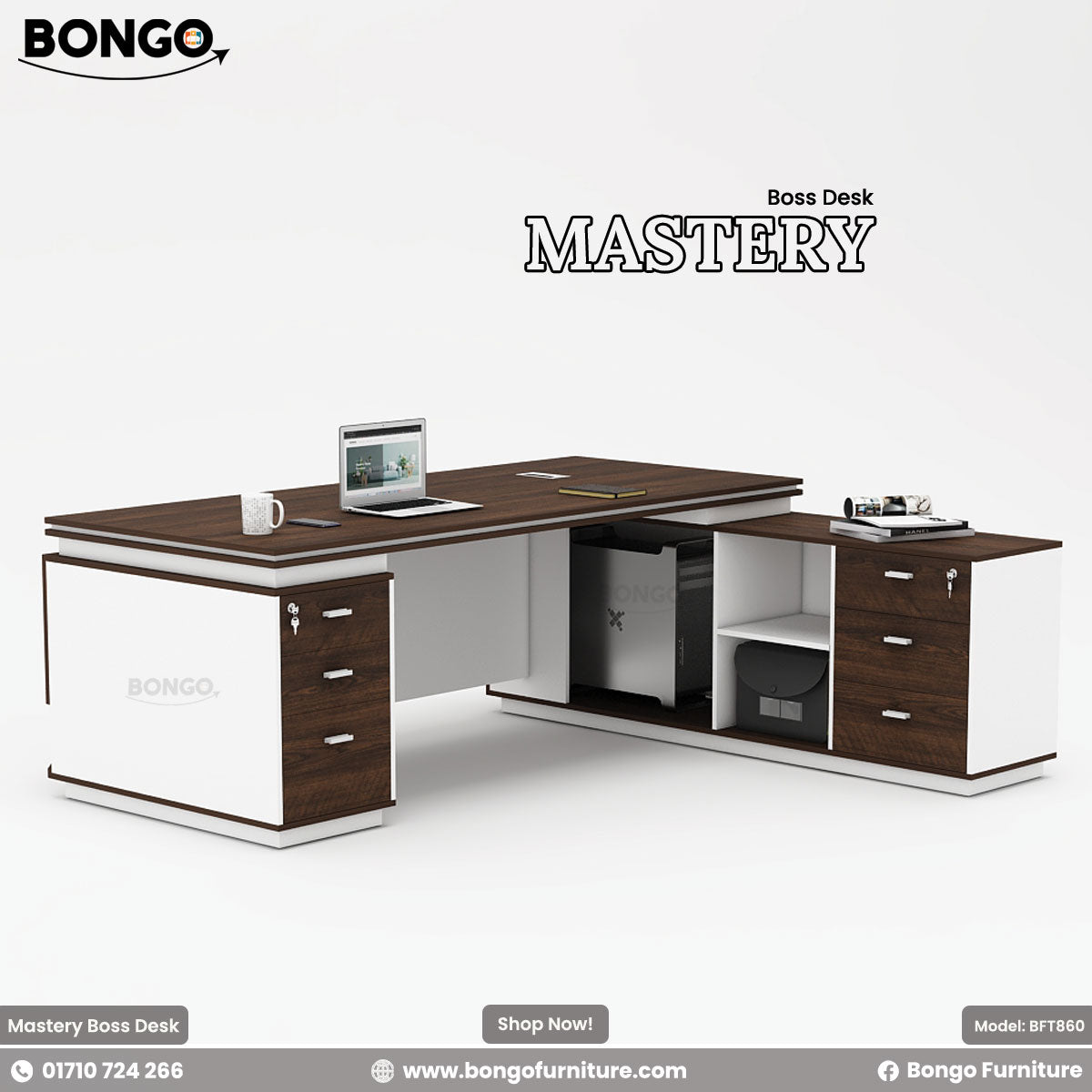 Mastery Boss Table (82"x36"x30") - 48mm laminated double board Top - 3 Per Channel drawers, 2 locks, cable hole. Includes Side cabinets. Color is Antique and White. Shop Now!