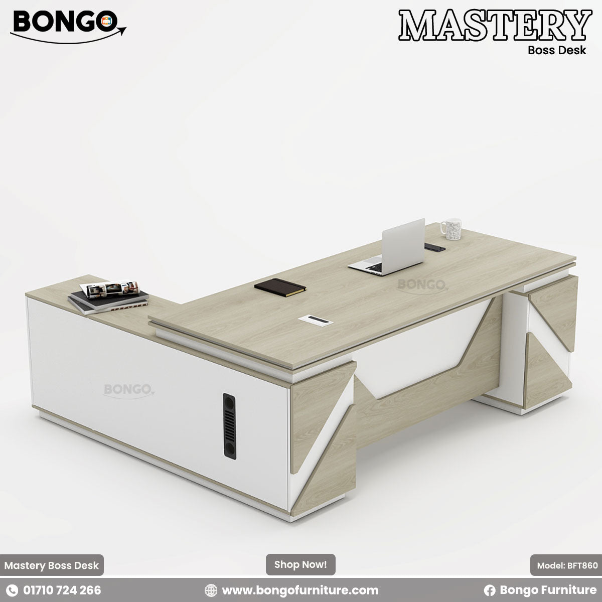 Mastery Boss Table (82"x36"x30") - 48mm laminated double board Top - 3 Per Channel drawers, 2 locks, cable hole. Includes Side cabinets. Color is Albino and White. Shop Now!