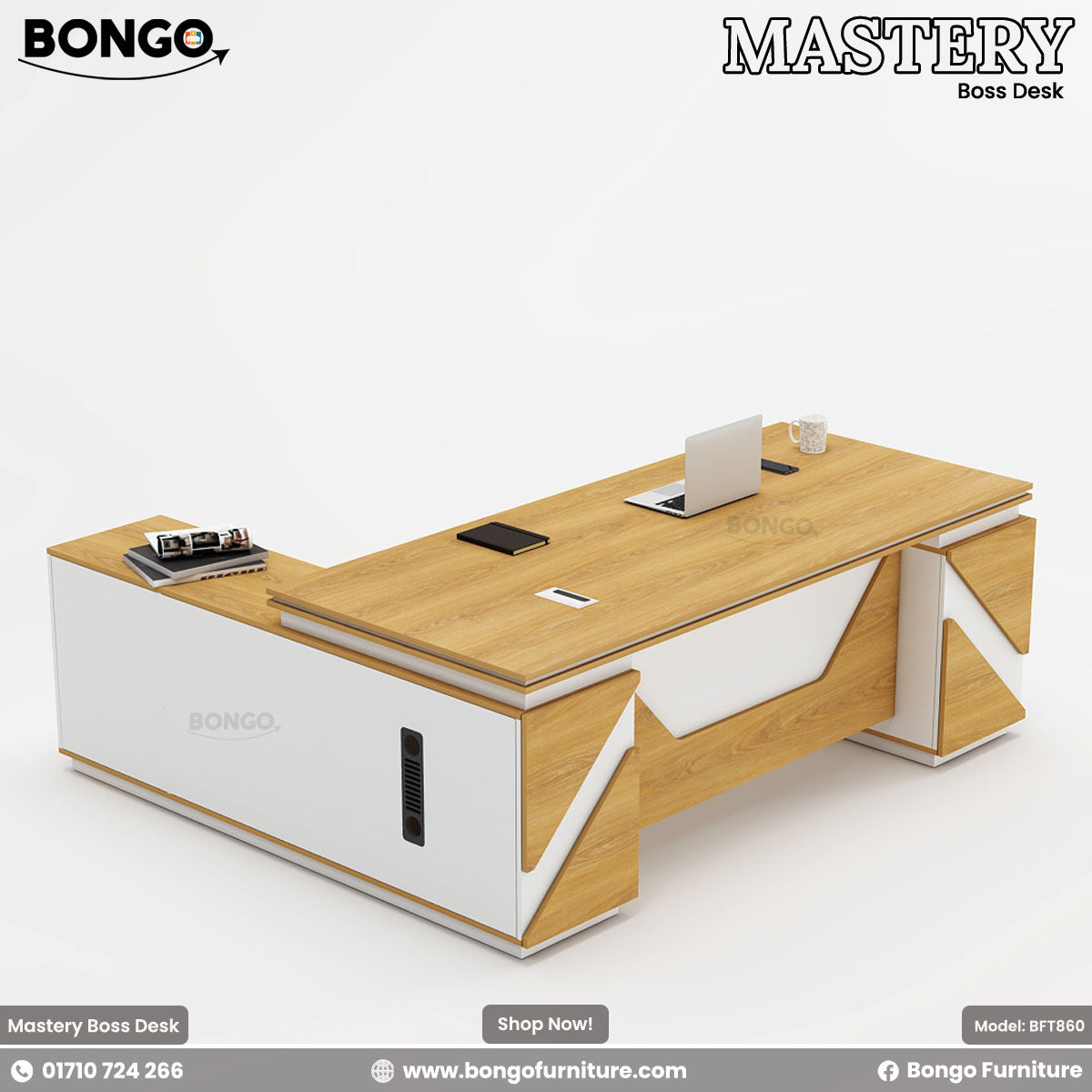 Mastery Boss Table (82"x36"x30") - 48mm laminated double board Top - 3 Per Channel drawers, 2 locks, cable hole. Includes Side cabinets. Color is Red Oak and White. Shop Now!