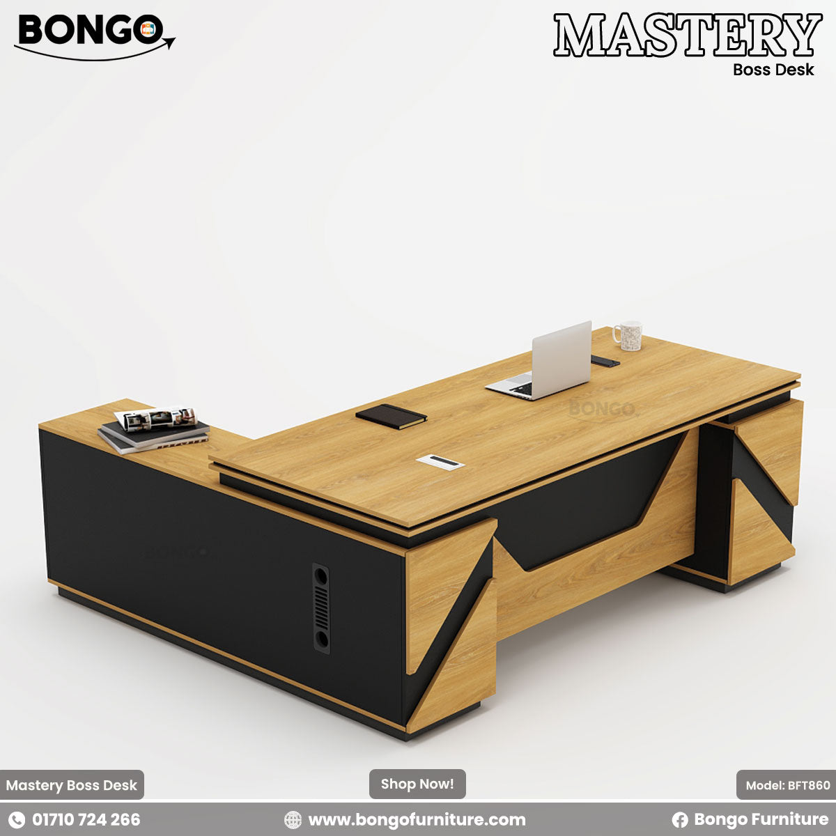 Mastery Boss Table (82"x36"x30") - 48mm laminated double board Top - 3 Per Channel drawers, 2 locks, cable hole. Includes Side cabinets. Color is Red Oak and Black. Shop Now!