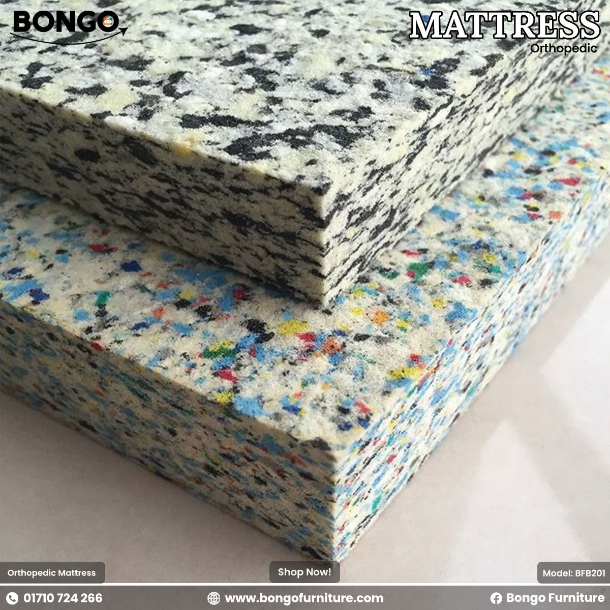 A promotional image for a BONGO orthopedic mattress, showcasing two thick blocks of rebounded foam. The close-up reveals the composite, flecked texture of the material. The top block of foam is primarily white, gray, and black, while the bottom block is more colorful with flecks of blue, red, and yellow.