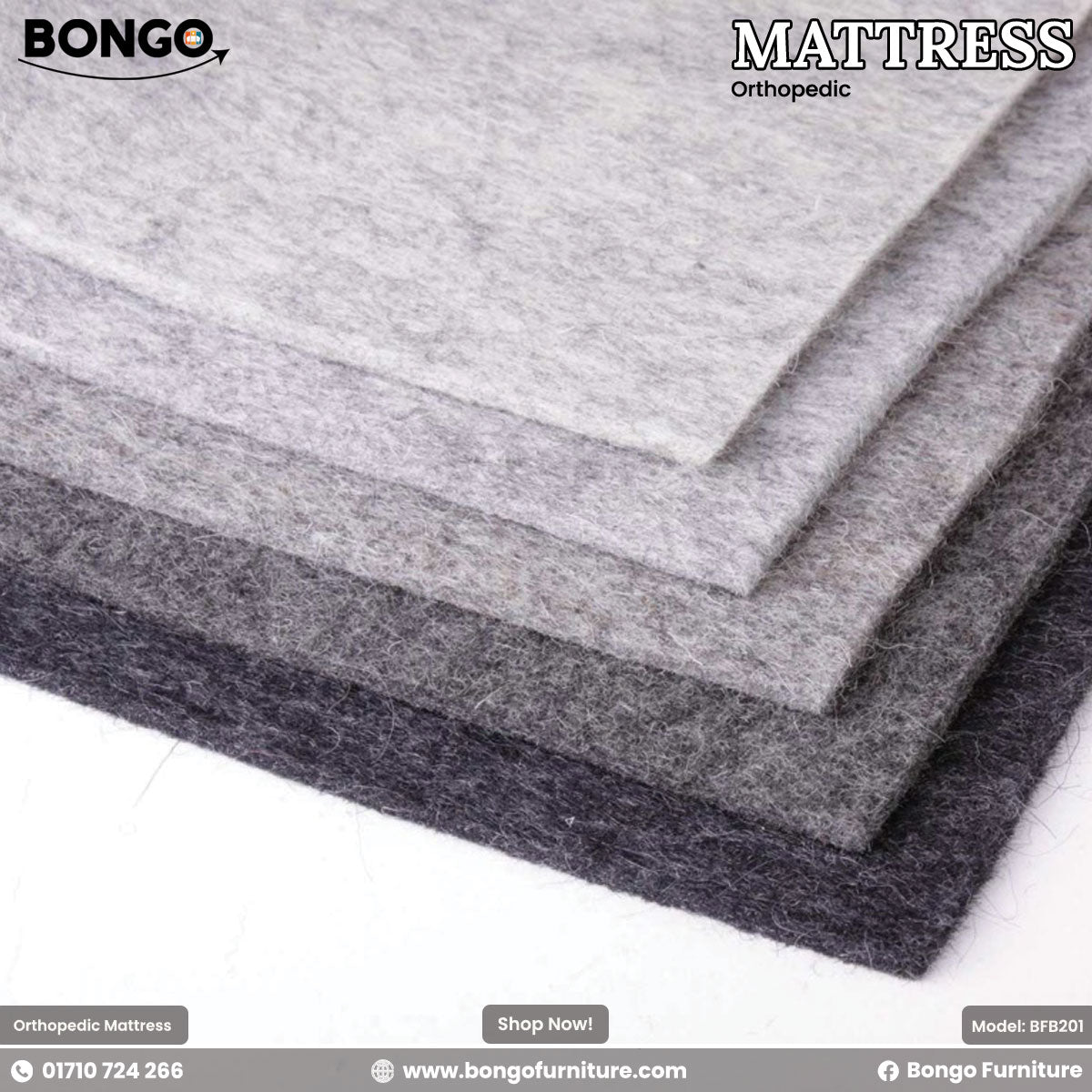 A promotional image from BONGO for an orthopedic mattress, showcasing a stack of thick felt sheets. The sheets are layered to display a color gradient, ranging from light gray on the top layer to dark charcoal gray on the bottom layer, with the fibrous texture of the felt visible.