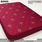 A red orthopedic mattress with embossed floral patterns, displayed on a white background with the Bongo Furniture logo in the corner.