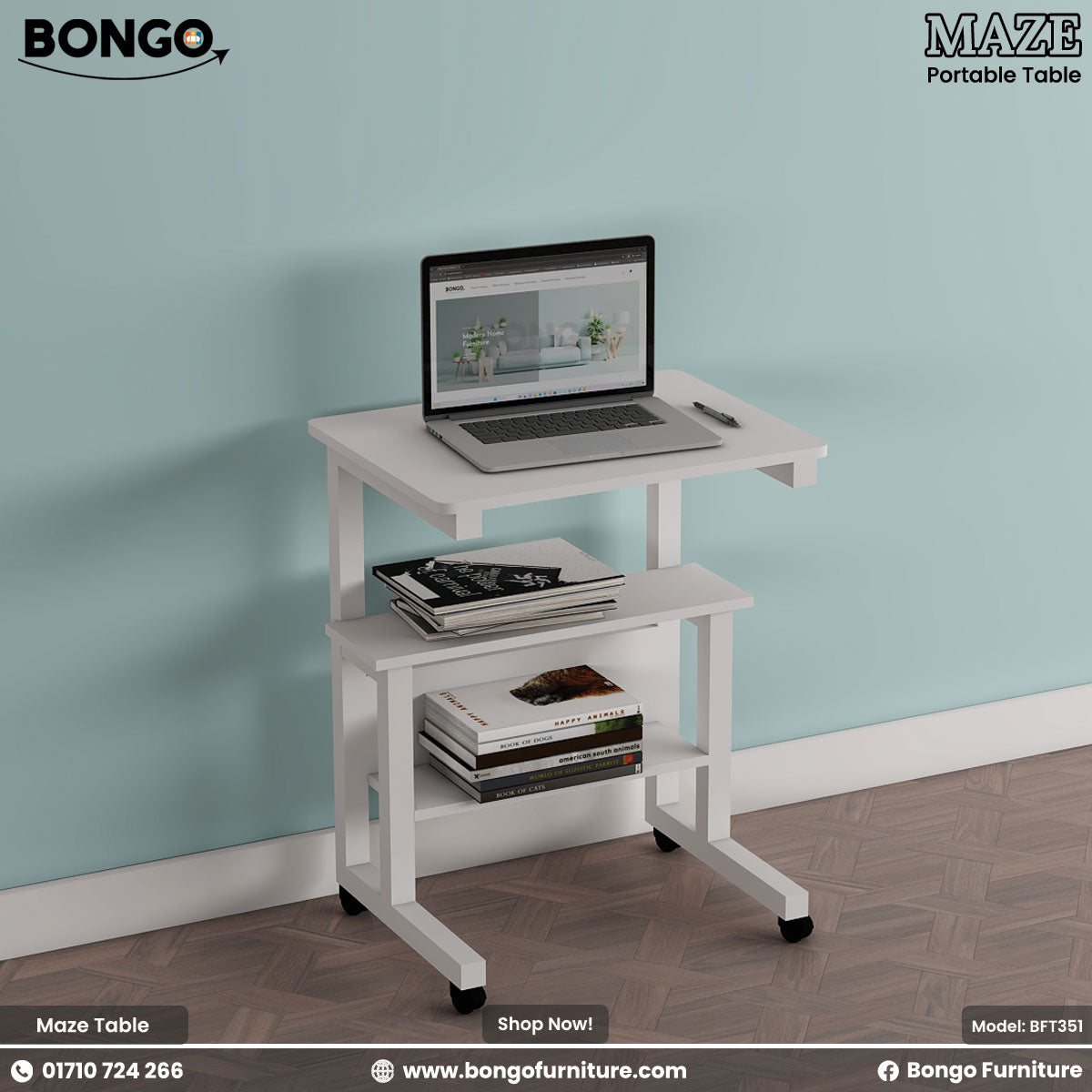 White portable table with a laptop and books against a light blue wall, featuring Bongo Furniture branding.