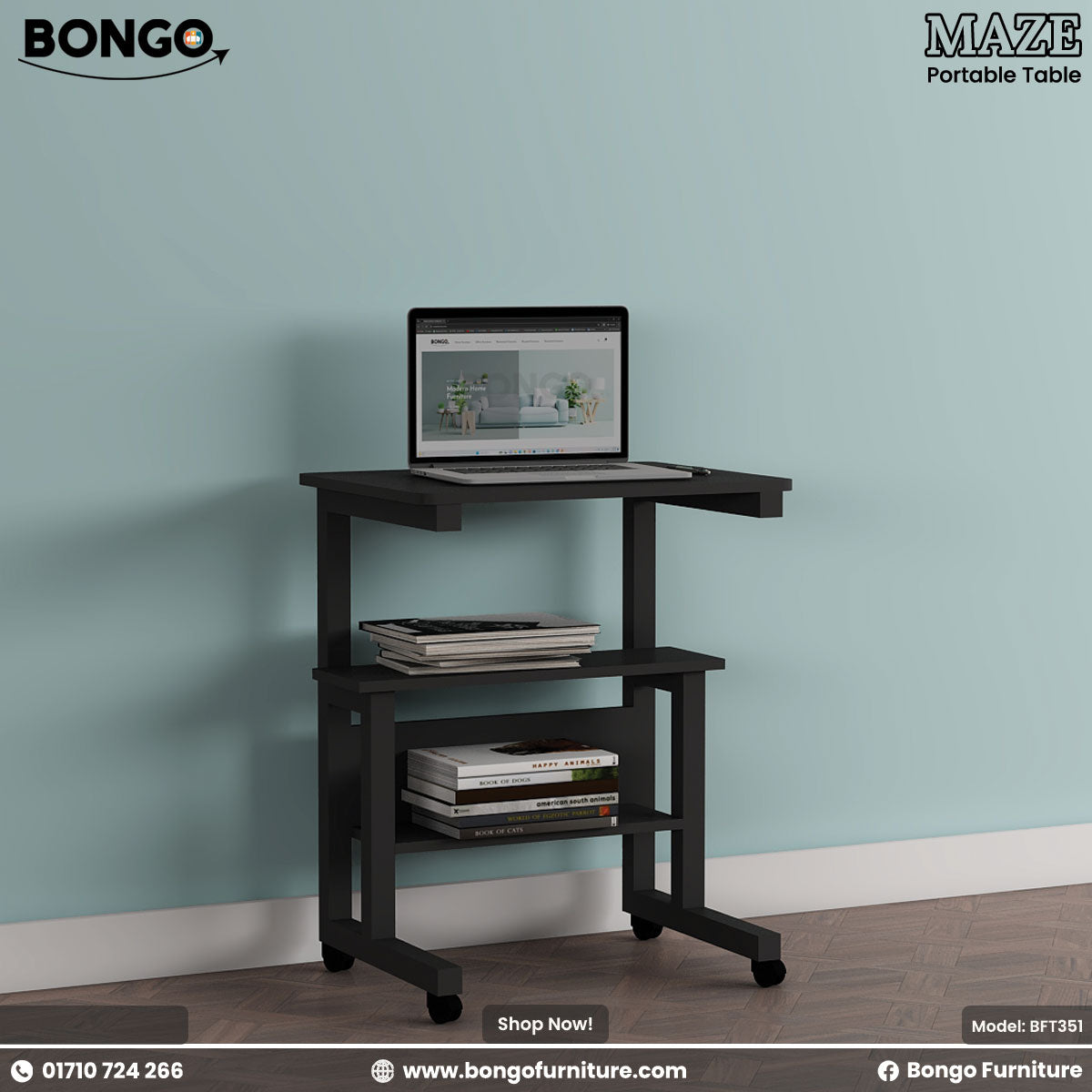 Black portable table with a laptop and books against a light blue wall, featuring Bongo Furniture branding.