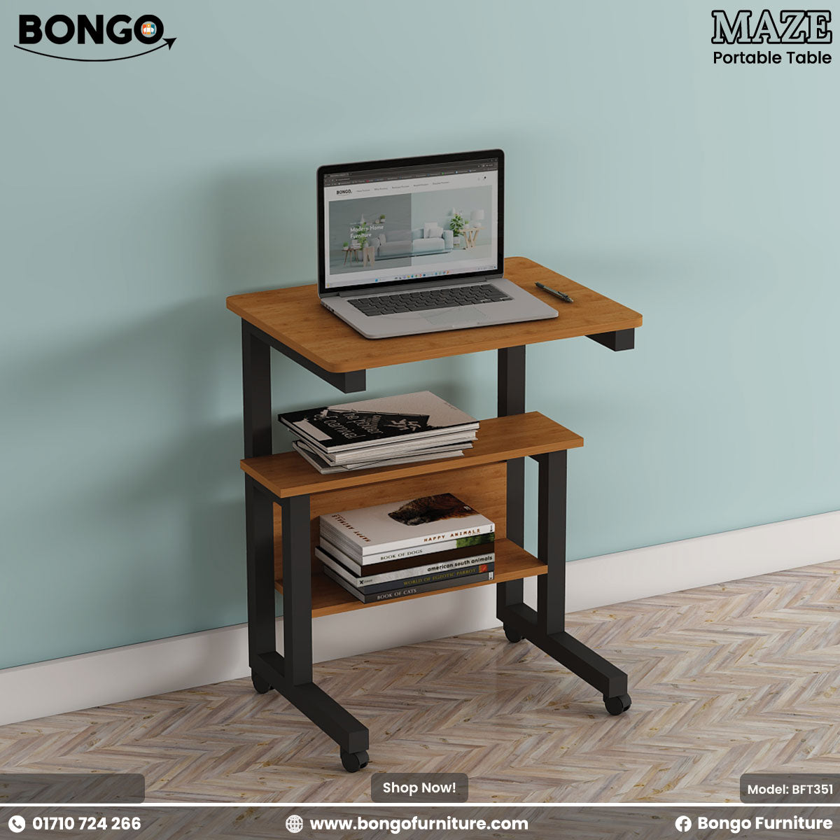 Portable table with a laptop and books on a light blue wall background, featuring Bongo Furniture branding.