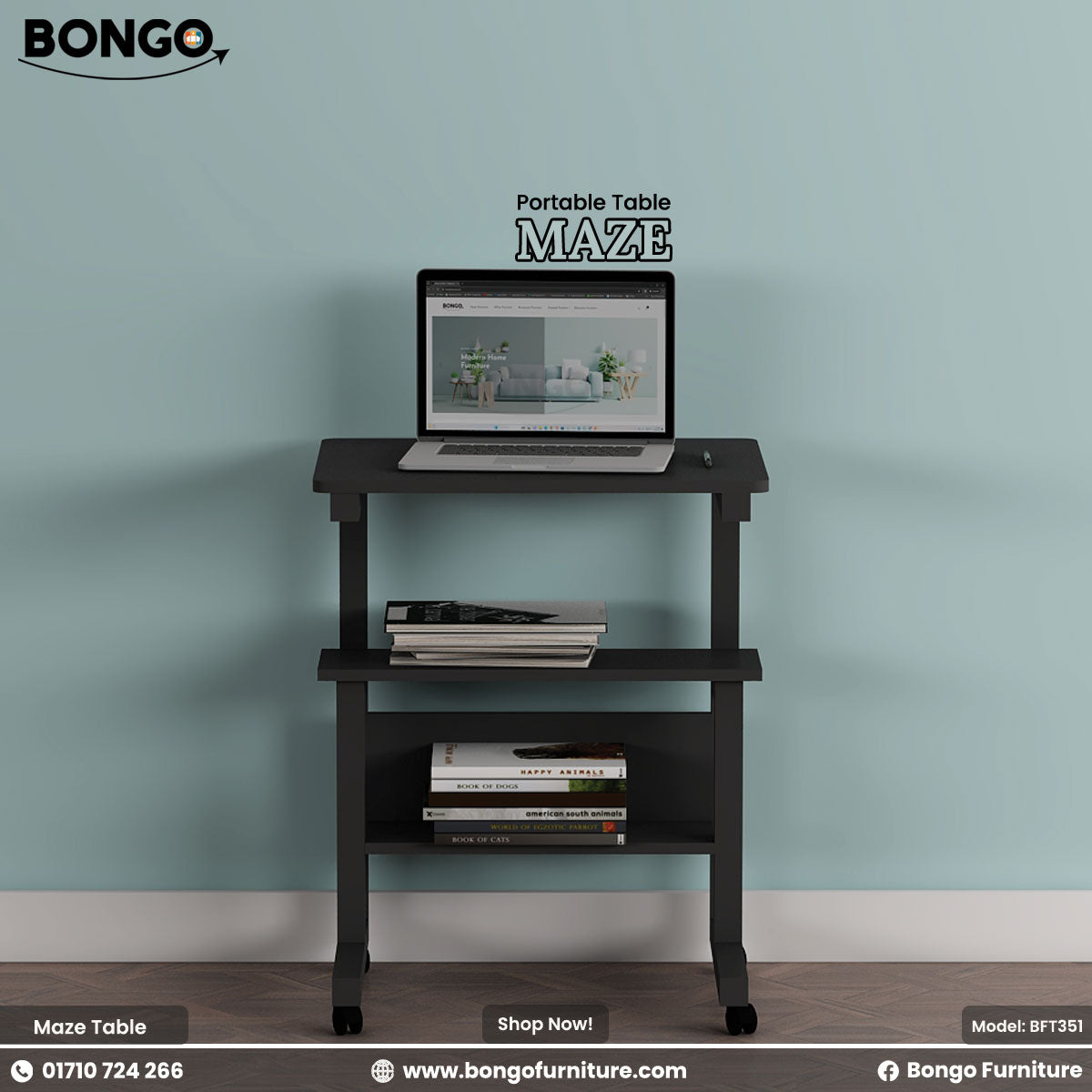 Black portable table with a laptop and books against a light blue wall, featuring Bongo Furniture branding.