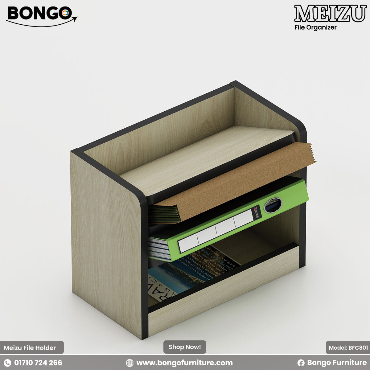 A Meizu file holder with black accents, featuring a compact structure with multiple slanted shelves for organizing files.