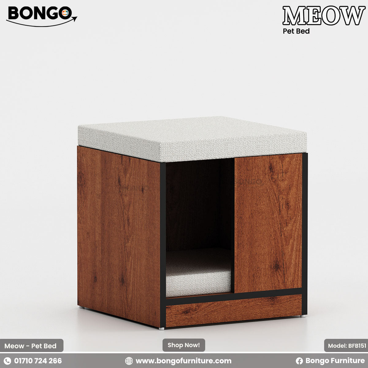 Water Resistant Strong Laminated Board pet bed with white cushion on a gray background, featuring Bongo Furniture branding.