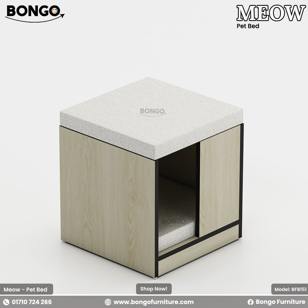 Pet bed with Water Resistant Strong Laminated Board frame and white cushion, branded as Bongo on a white background.