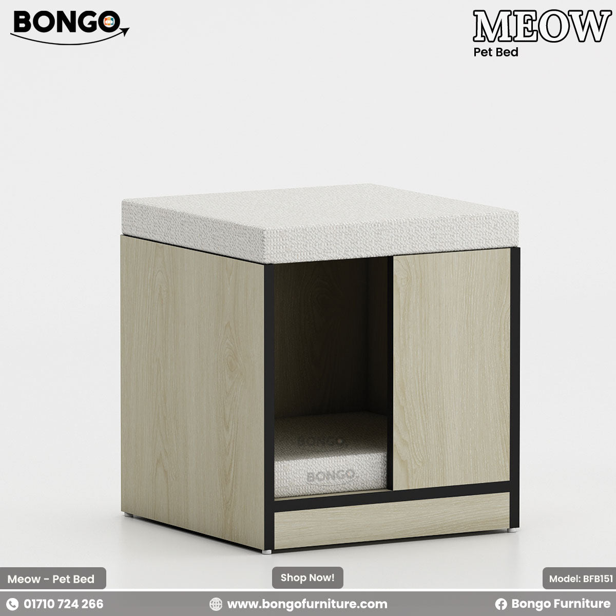 Pet bed with Water Resistant Strong Laminated Board frame and white cushion, branded 'Bongo'.