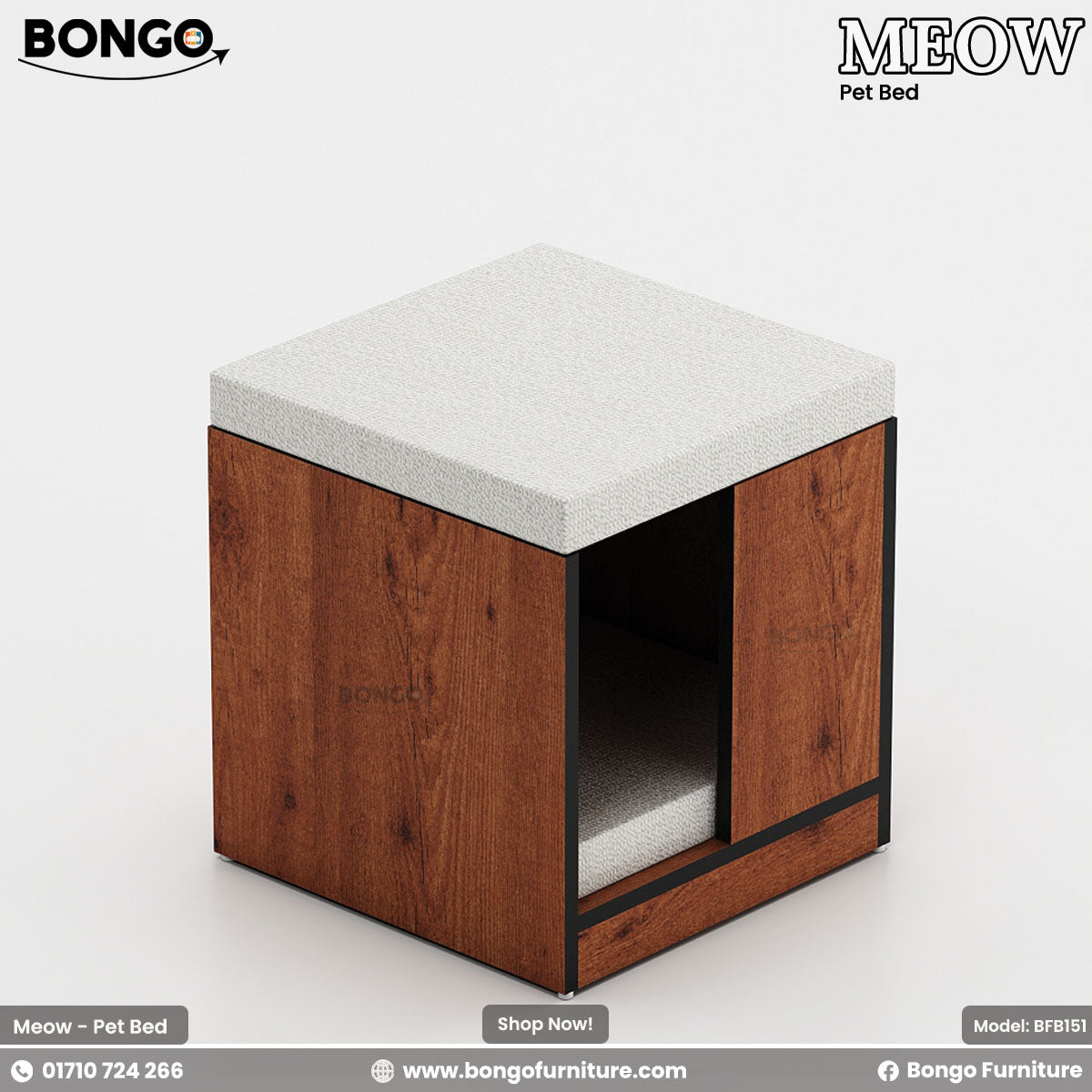 Water Resistant Strong Laminated Board pet bed with white cushion on a gray background, featuring Bongo Furniture branding.
