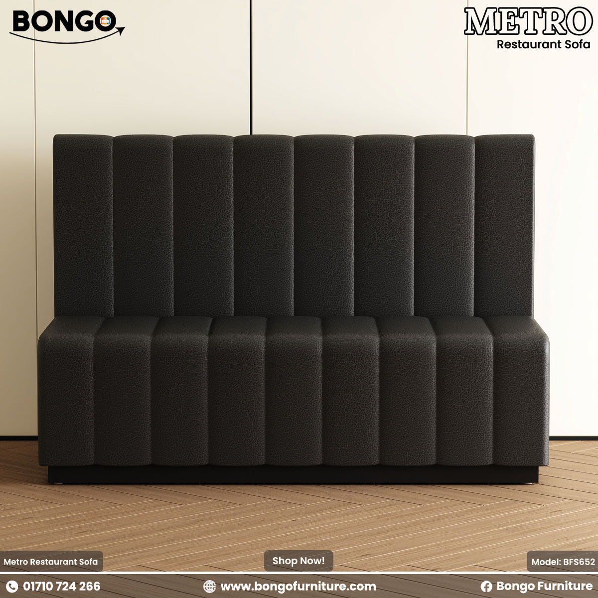 Black restaurant sofa with 'Bongo' branding on a wooden floor.