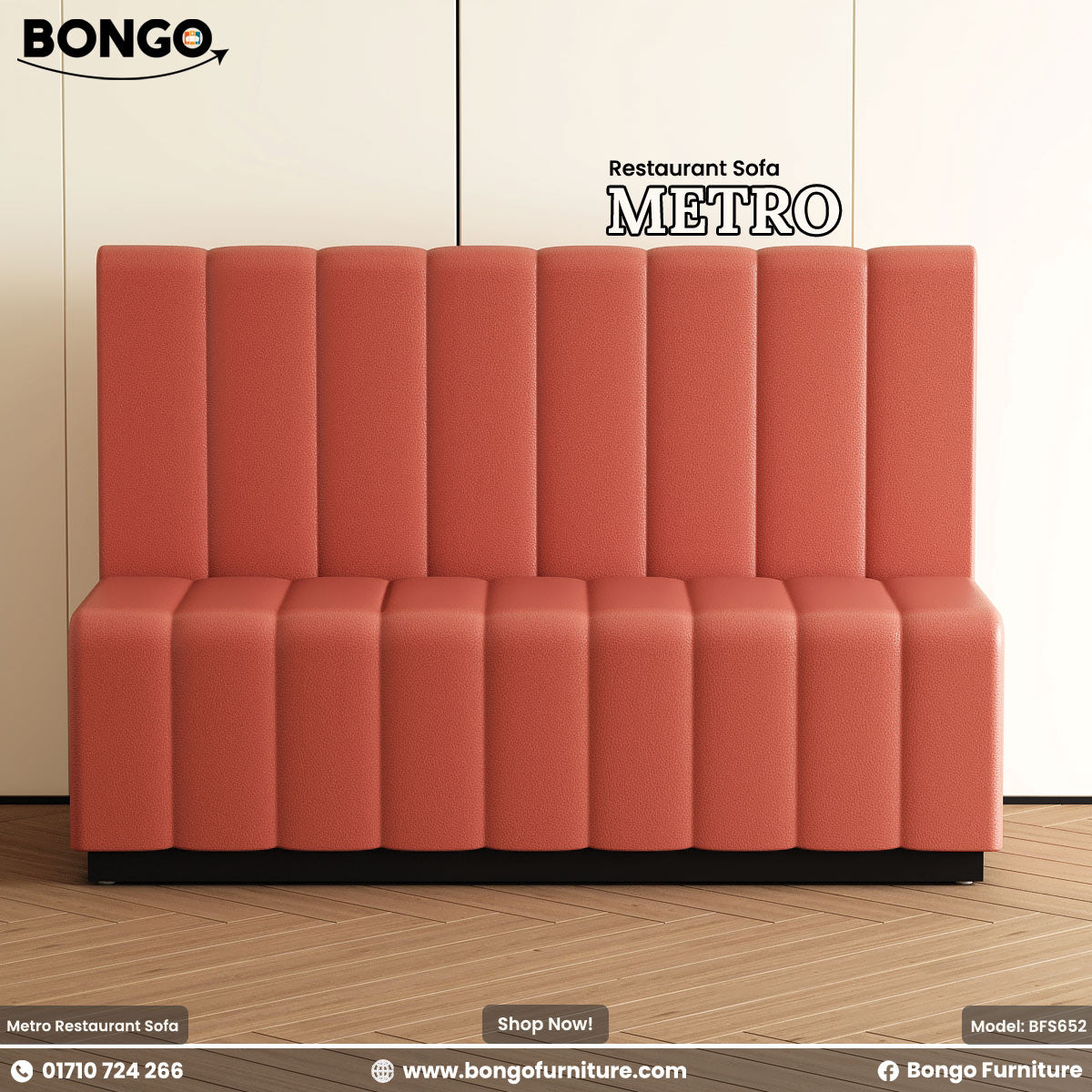 Red restaurant sofa labeled 'METRO' by Bongo Furniture on a wooden floor.