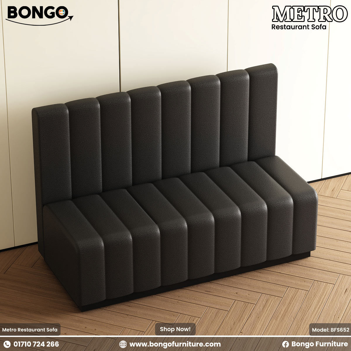 Black restaurant sofa on a wooden floor with Bongo Furniture branding.